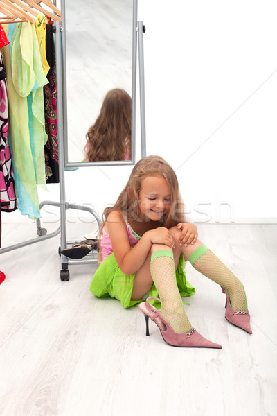Szeretet cipők kislány ül padló magas sarok Stock fotó © ilona75