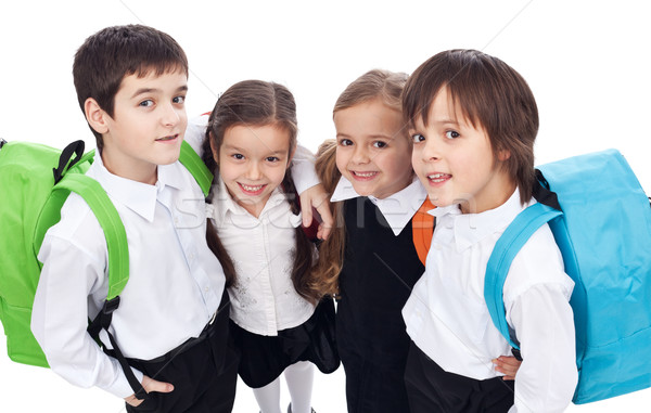 Stock foto: Zurück · in · die · Schule · Gruppe · Kinder · Mädchen · Lächeln