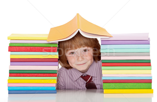 Stockfoto: Klein · schooljongen · shirt · stropdas · boeken