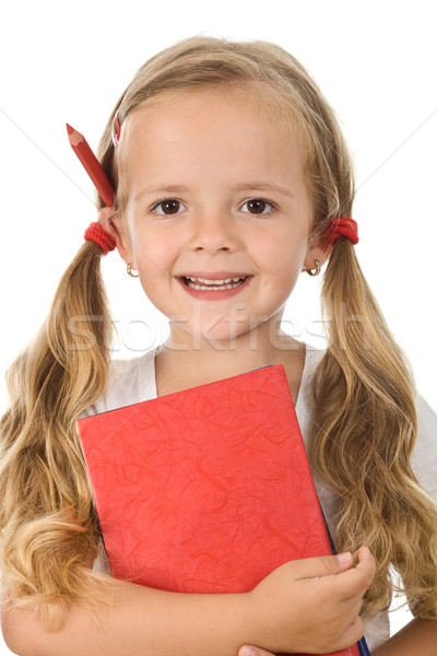 Stockfoto: Weinig · schoolmeisje · portret · boeken · potlood · achter