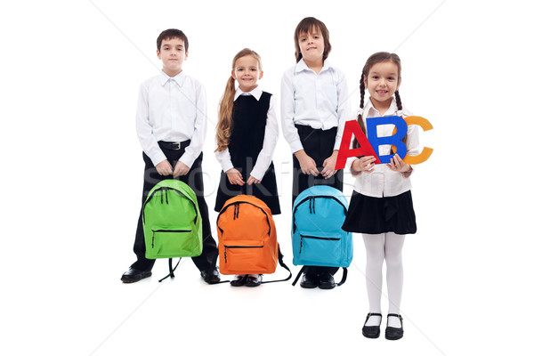 Stock foto: Zurück · in · die · Schule · Kinder · halten · farbenreich · Mädchen · Schule