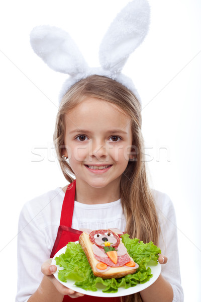 Bunny chef presenting her masterpiece - a rabbit shaped sandwich Stock photo © ilona75