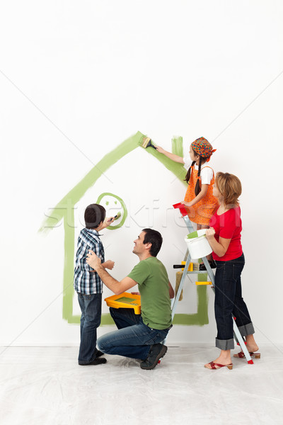 Foto stock: Familia · feliz · pintura · casa · junto · ninos · mujer