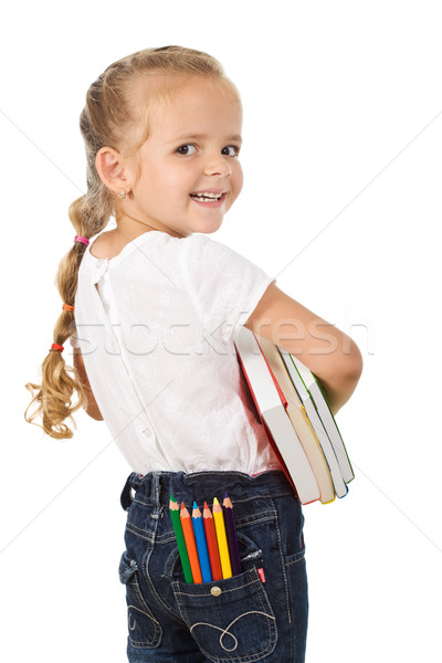 [[stock_photo]]: Peu · excité · fille · petite · fille · livres