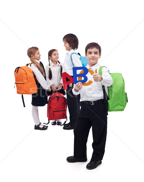 Stock foto: Zurück · in · die · Schule · Gruppe · Kinder · Mädchen · Lächeln · Kinder