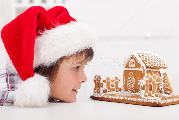 Stock photo: Boy looking at gingerbread house