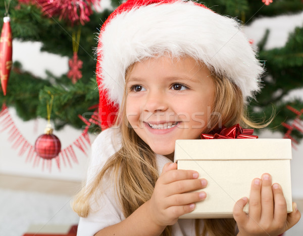 Foto stock: Feliz · little · girl · natal · apresentar · sorridente · menina