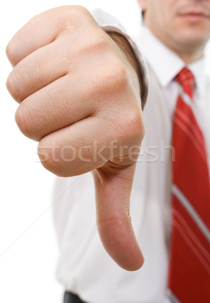 Stock fotó: üzletember · hüvelykujjak · lefelé · felirat · kéz · férfiak