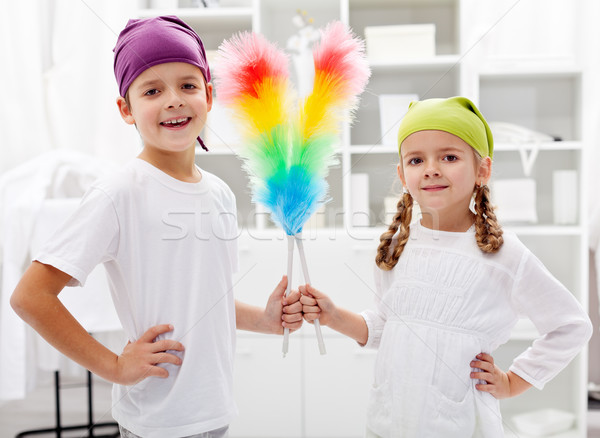 Stock photo: Room cleaning taskforce - kids with dust brushes