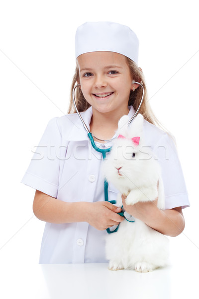 Stock fotó: Kislány · játszik · állatorvosi · nyúl · kicsi · mosolyog