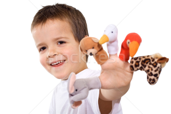Happy boy with finger puppets Stock photo © ilona75