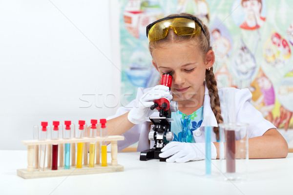 Little girl in science class using microscope Stock photo © ilona75