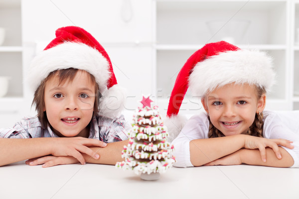 Kids at christmas time with gingerbread tree Stock photo © ilona75