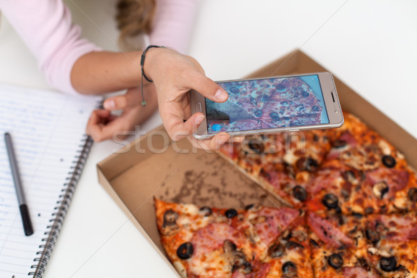 Young teenager girl taking a photo of her meal - a box of pizza, Stock photo © ilona75