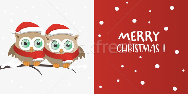 Couple of owls with Santa Claus hat on a branch in a snowy day Stock photo © Imaagio
