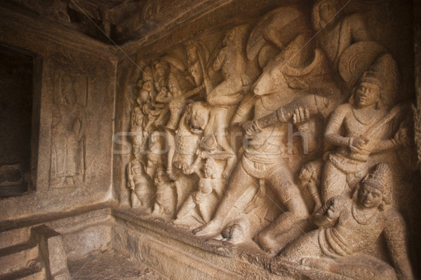 Bas Relief depicting conflict of Durga with Mahishasura at Mahishasuramardhini Mandapam, Mahabalipur Stock photo © imagedb
