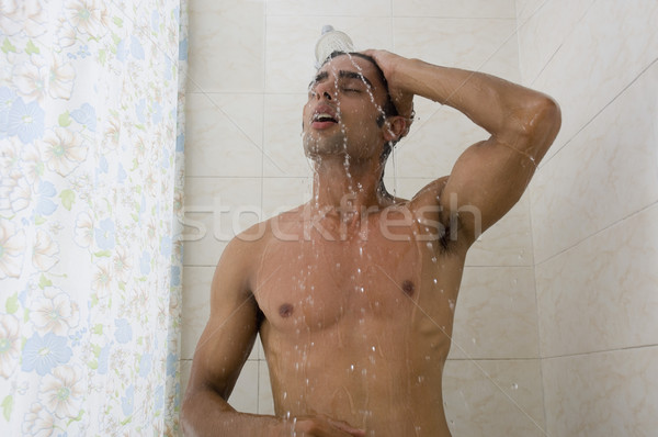 Közelkép férfi elvesz zuhany otthon függöny Stock fotó © imagedb