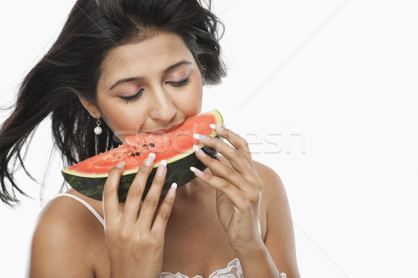Frau Essen Scheibe Wassermelone jungen schönen Stock foto © imagedb