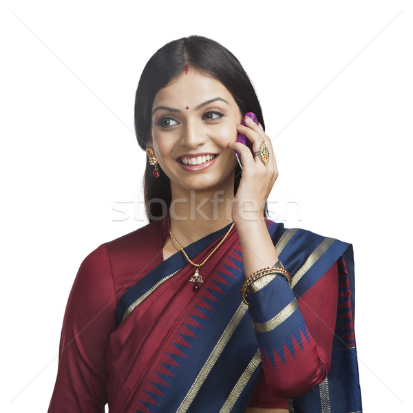 Tradicionalmente indiano mulher falante celular tecnologia Foto stock © imagedb