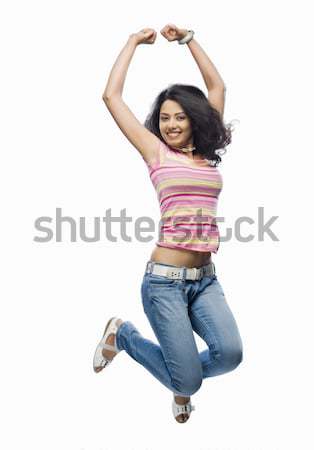 Foto stock: Retrato · mulher · jovem · saltando · jovem · sorridente · belo