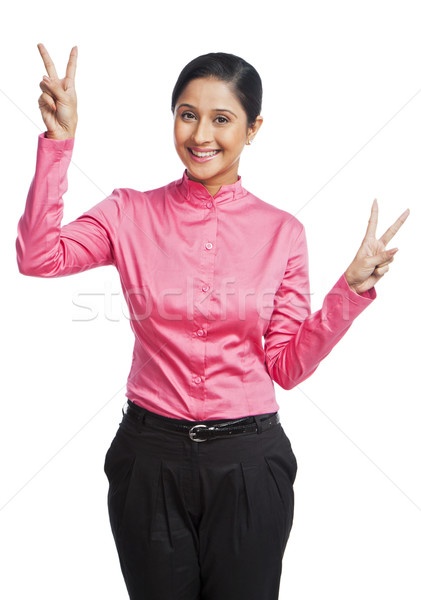портрет деловая женщина победу знак бизнеса Сток-фото © imagedb