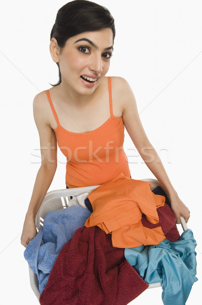 Frau halten Wäschekorb sauber lächelnd Glück Stock foto © imagedb