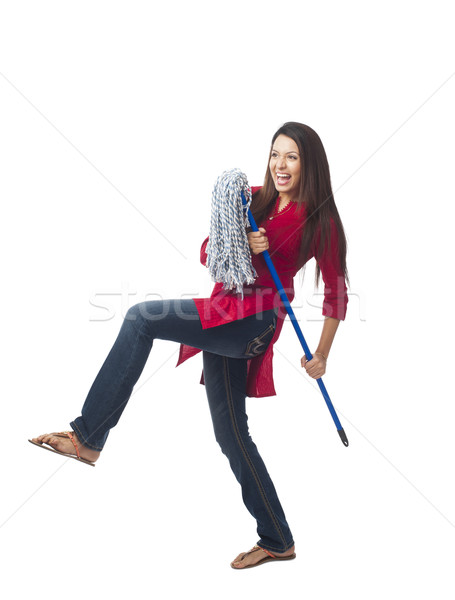 Happy woman posing with a mop Stock photo © imagedb