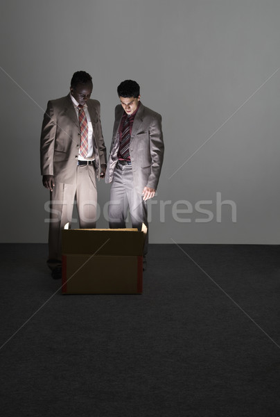 Zwei Geschäftsleute schauen beleuchtet Karton Business Stock foto © imagedb