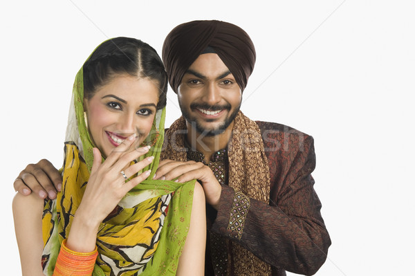 Portré szikh pár mosolyog boldogság fotózás Stock fotó © imagedb