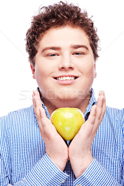 Zdjęcia stock: Pyzaty · człowiek · jabłko · szczęśliwy · odizolowany