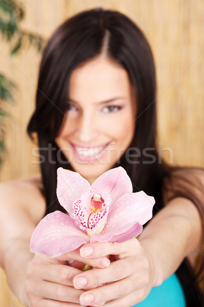 Stock foto: Glücklich · Frau · halten · stieg · Orchidee · bikini