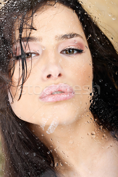 Vrouw sensueel lippen achter glas mooie vrouw Stockfoto © imarin