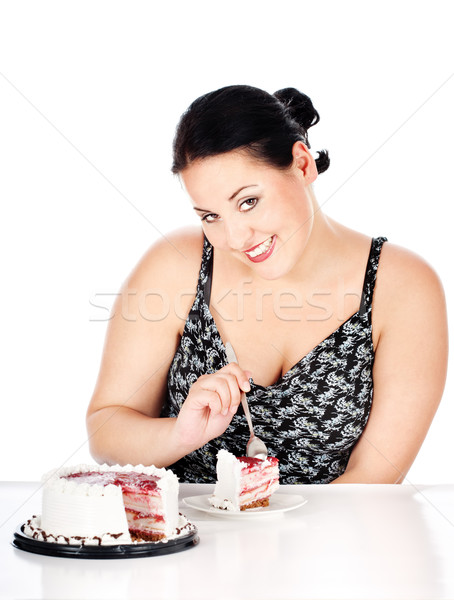 Scheibe Kuchen mollig Frau Essen isoliert Stock foto © imarin