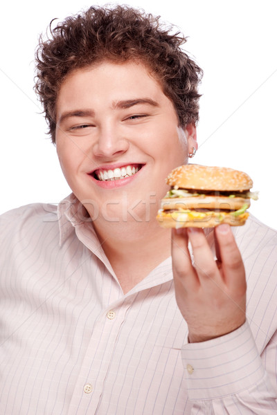 Stock foto: Mollig · Hamburger · halten · isoliert · weiß · Lächeln