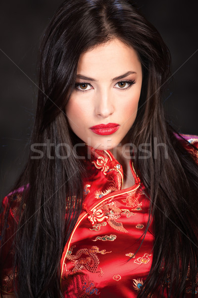 woman in red Cheongsam on dark background Stock photo © imarin