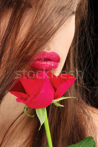 Stockfoto: Lippen · Rood · rose · mooie · meisje · gezicht · vrouwen