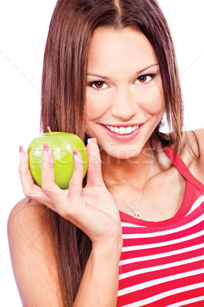 Foto stock: Mulher · verde · maçã · mulher · bonita · isolado · branco