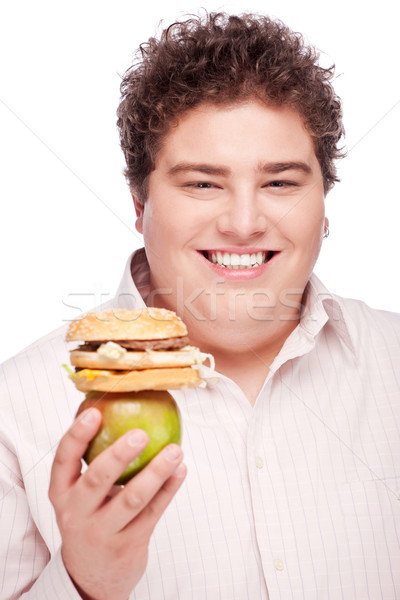 Stockfoto: Mollig · man · appel · hamburger · jonge
