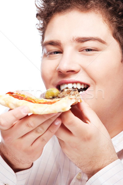 Stock foto: Mollig · Junge · Essen · Scheibe · Pizza · glücklich