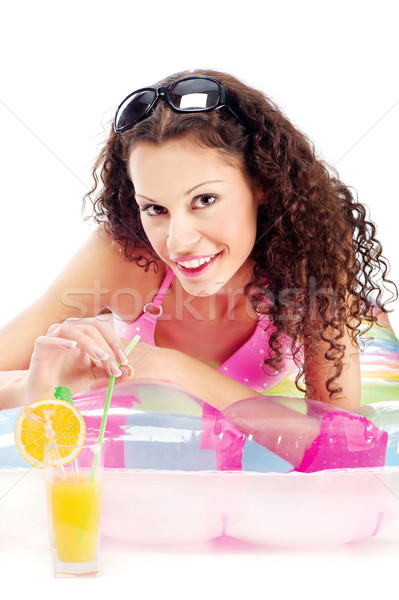 Bikini lány iszik dzsúz nap szemüveg Stock fotó © imarin