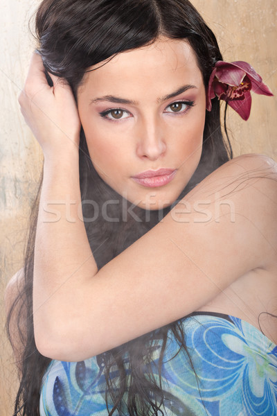[[stock_photo]]: Femme · tropicales · environnement · joli · fille · rouge
