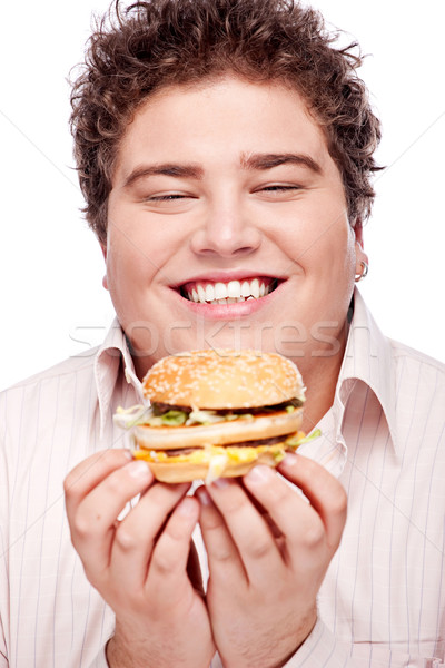 Mollig Hamburger glücklich halten isoliert weiß Stock foto © imarin