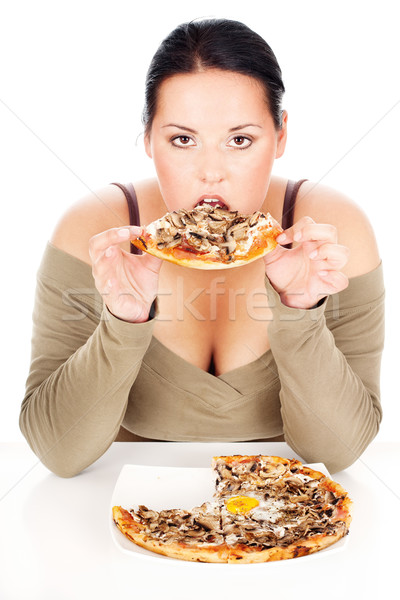 Mollig vrouw pizza genieten eten plakje Stockfoto © imarin