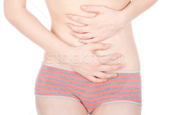 Foto stock: Dolor · nina · estómago · aislado · blanco