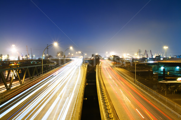 Stock fotó: Autópálya · éjszaka · többszörös · sáv · utca · híd
