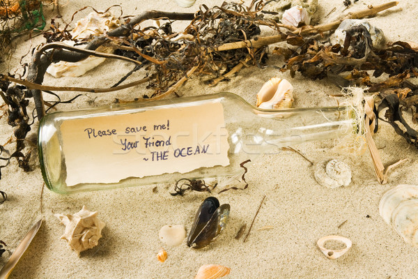 Opslaan oceaan bericht fles strand woorden Stockfoto © IngaNielsen