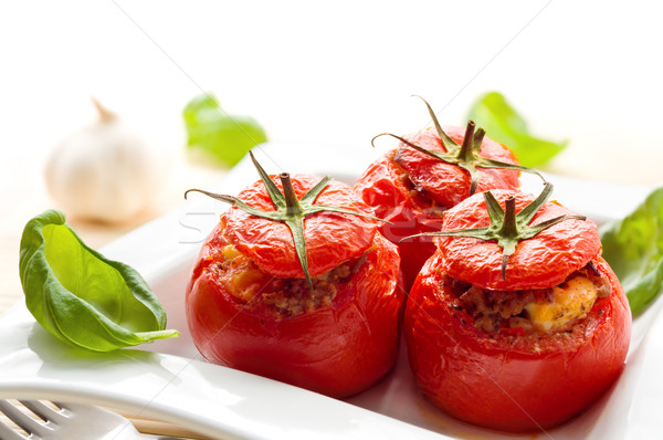 Stock foto: Gefüllt · Tomaten · drei · weiß · Platte · Blatt