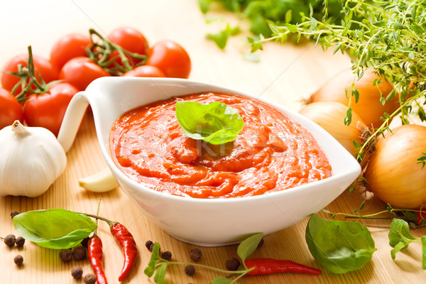 Foto d'archivio: Salsa · di · pomodoro · bianco · salsa · barca · fresche · ingredienti
