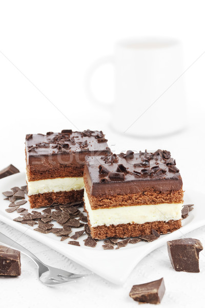 Csokoládé torta darabok kettő kávé étel Stock fotó © IngaNielsen
