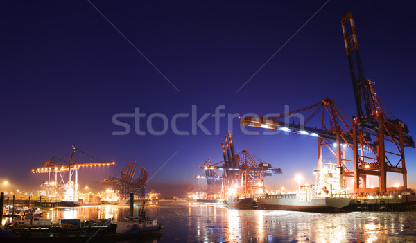 Stockfoto: Haven · nacht · panorama · afbeelding · verlicht · vracht